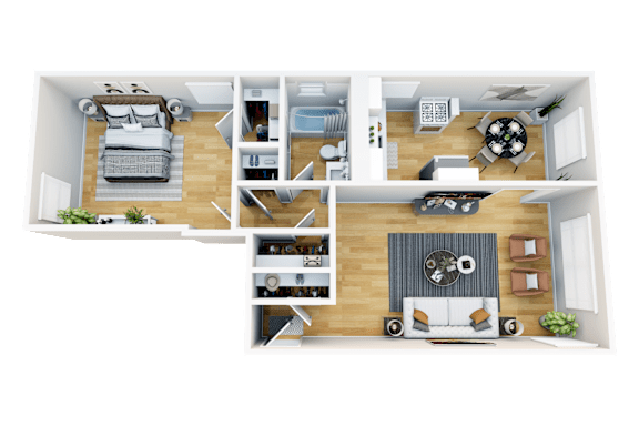 Floor Plan  A top-down view of a two-bedroom apartment with a living room, kitchen, and bathroom.