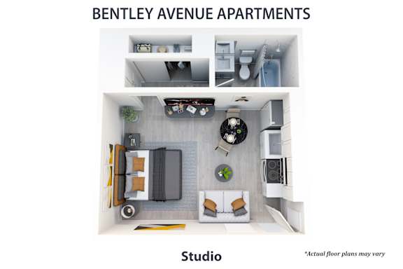 Floor Plan  A floor plan of a studio apartment from Bentley Avenue.