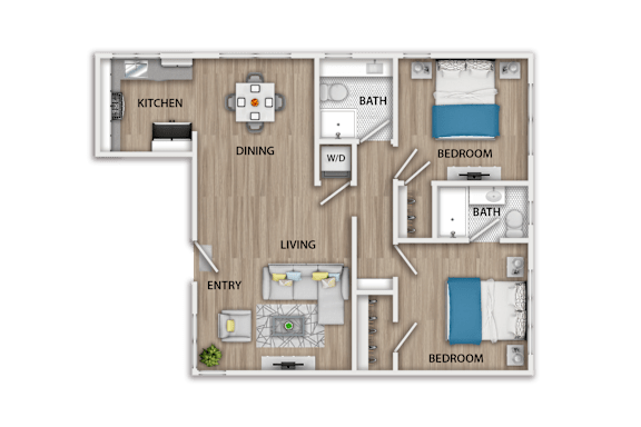 Floor Plan  A floor plan of a house with two bedrooms, a living room, a dining room, a kitchen, and a bathroom.