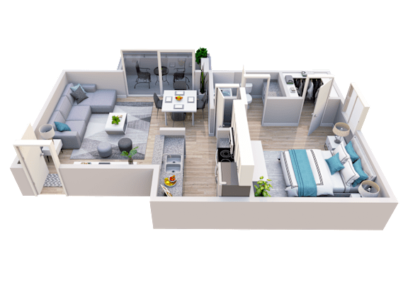 A 3D rendered image of a modern apartment layout.