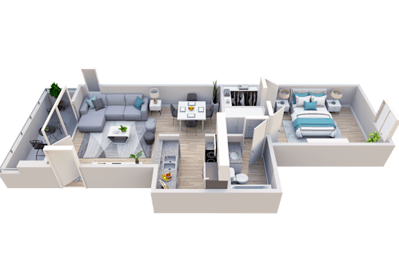 A 3D rendered image of a modern, open-plan apartment layout.