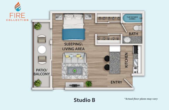 A floor plan of Studio B from the Fire Collection shows a sleeping area, a living area, a kitchen, a bathroom, and a patio or balcony.