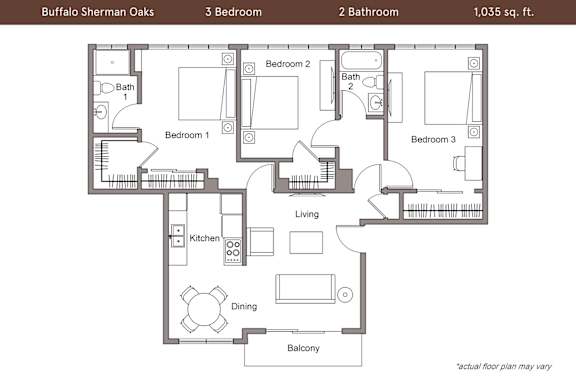 Floor Plan  A floor plan of a 3 bedroom, 2 bathroom apartment at Buffalo Sherman Oaks.