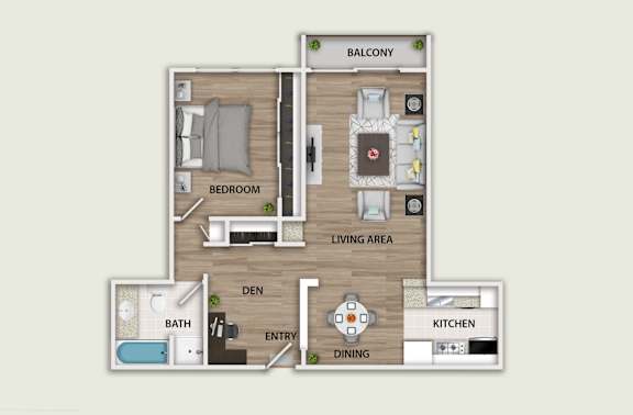 Floor Plan  A floor plan of an apartment with a balcony, living area, kitchen, dining, bedroom, bathroom, and entry.