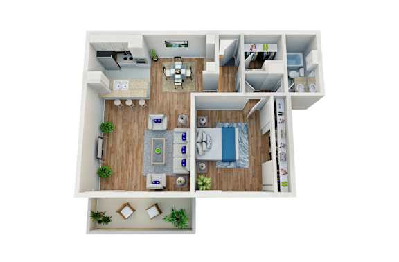Floor Plan  A top down view of a small apartment with a kitchen, living room, and bathroom.