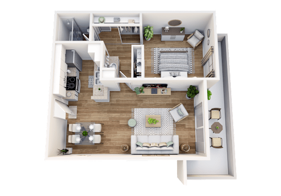 Floor Plan  A top-down view of a modern apartment layout with a living room, kitchen, and bedrooms.