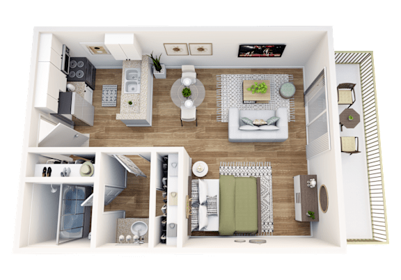Floor Plan  A top-down view of a modern apartment layout with a kitchen, living room, and dining area.
