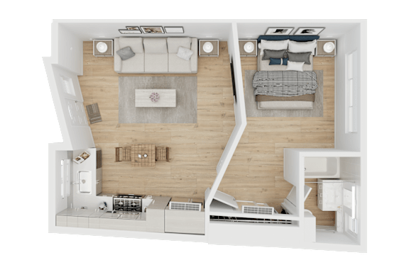 Floor Plan  A top-down view of a house interior with a living room, kitchen, and bedrooms.