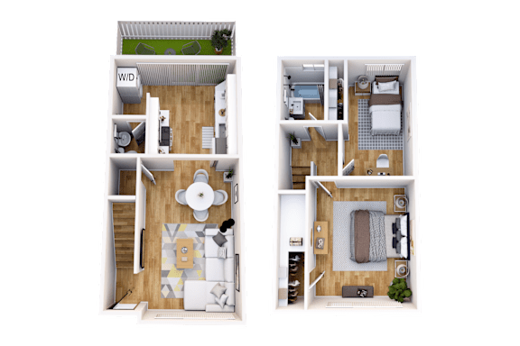 Floor Plan  Two floor plans of a house with a living room, kitchen, and bedrooms.