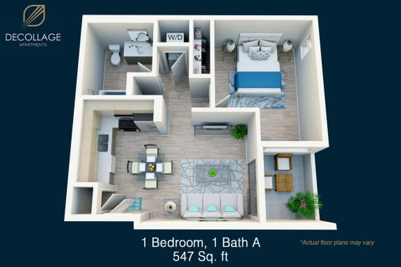 a floor plan of 1 bedroom, 1 bath a 527 sq.ft.