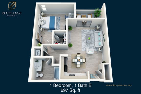 a floor plan of 1 bedroom, 1 bath b 69 sq.ft