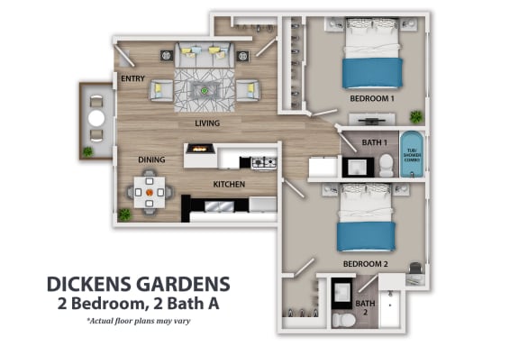 a floor plan of two bedroom, two bath a