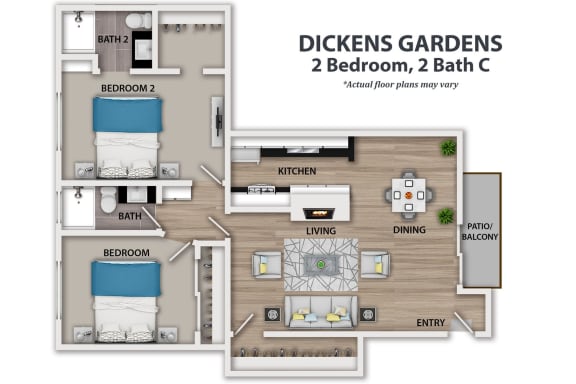 a floor plan of a two bedroom, two bath condo