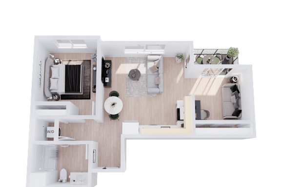 Floor Plan  A top-down view of a house layout with a living room, kitchen, dining area, and bedrooms.