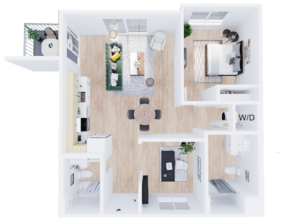 Floor Plan  A top-down view of a well-organized apartment with a living room, kitchen, and two bedrooms.