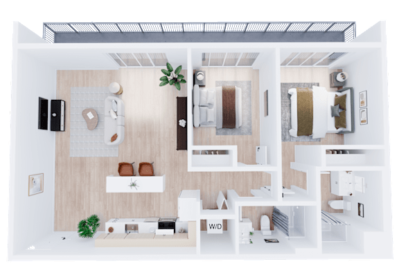 Floor Plan  A top-down view of a well-organized room with a kitchen, living room, and bathroom.