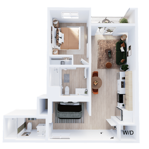 Floor Plan  A white and wood floor plan of a home with a living room, kitchen, and bathroom.