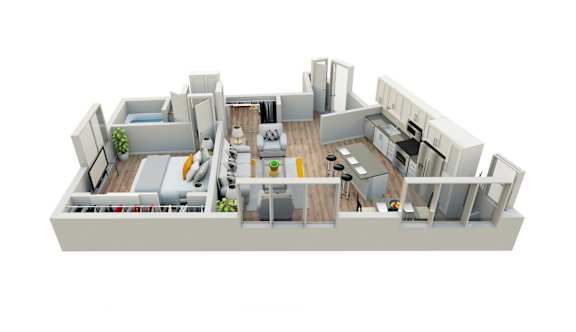 A 3D floor plan of a house with a kitchen, living room, and bedrooms.