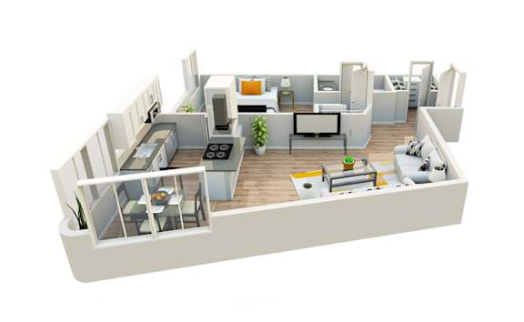 A 3D rendered image of a modern apartment layout.