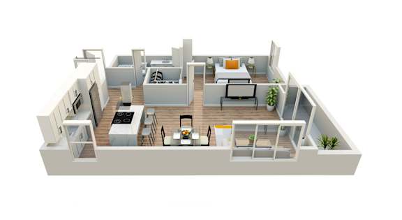 A 3D floor plan of a house with a kitchen, living room, and bedrooms.