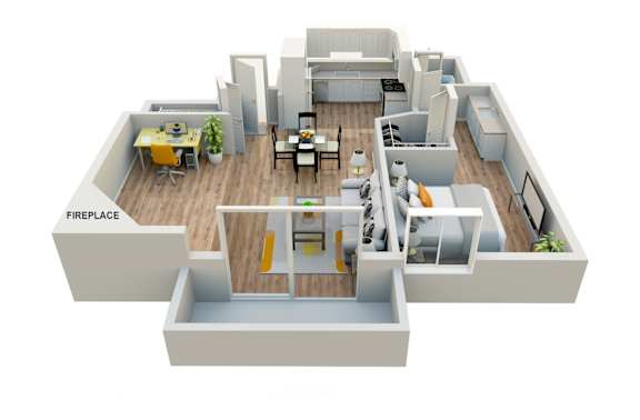 A 3D floor plan of a house with a fireplace labeled.