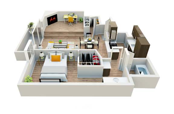 A 3D rendered image of a modern apartment layout.