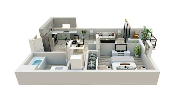 A 3D floor plan of a modern apartment with a kitchen, living room, and bedrooms.