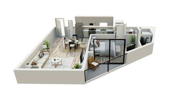 A 3D rendering of a modern apartment with a balcony and a living room.