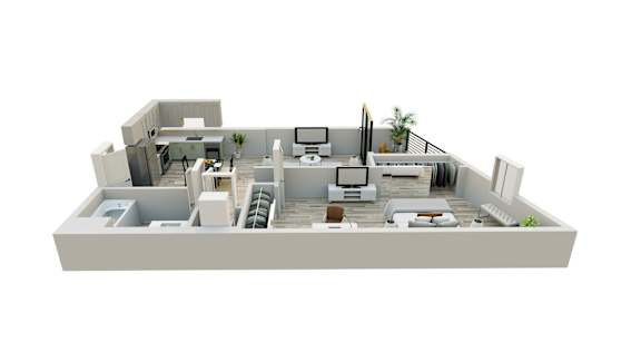 A 3D rendered image of a modern house interior.