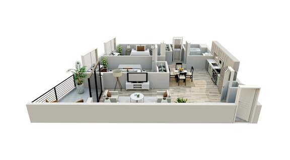 A 3D rendered image of a modern apartment layout.