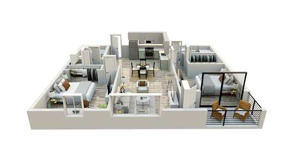A 3D rendered image of a modern house interior.
