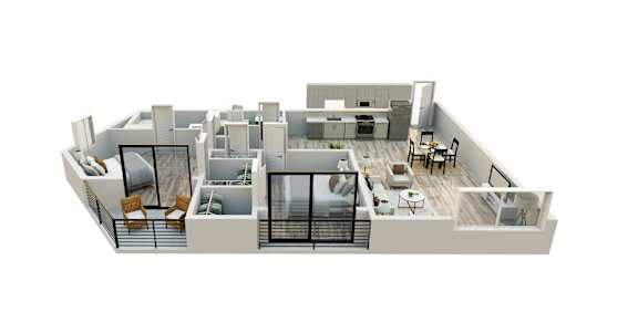 A 3D floor plan of a house with a kitchen, living room, and bedrooms.