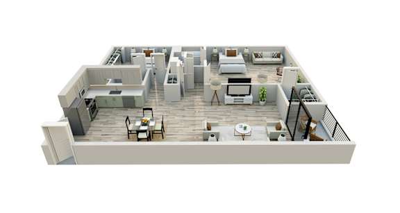 A 3D floor plan of a house with a kitchen, living room, and dining area.