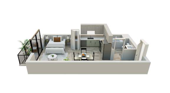 Floor Plan  A 3D rendered image of a modern apartment layout.
