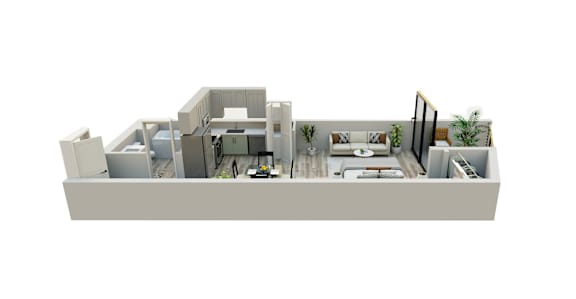A white floor plan of a house with a kitchen, living room, and two bedrooms.