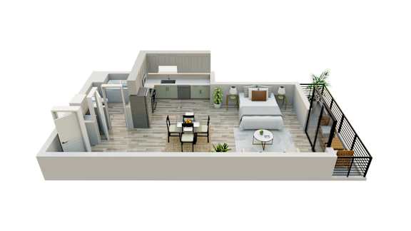 A 3D rendering of a modern house with a balcony and a patio.