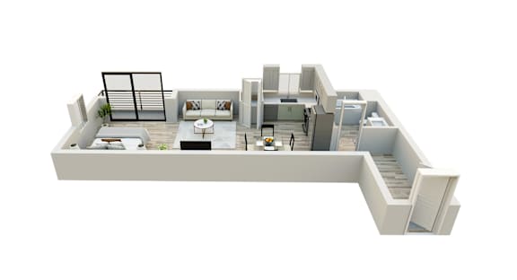 A 3D floor plan of a house with a living room, kitchen, and two bedrooms.