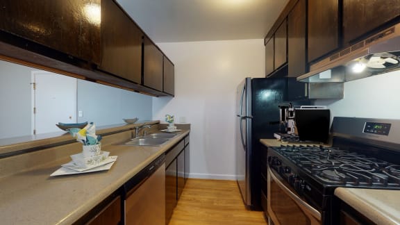 a kitchen with a stove and a sink and a refrigerator