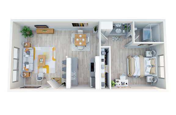 A top-down view of a modern, well-organized apartment with a kitchen, living room, and bedroom.