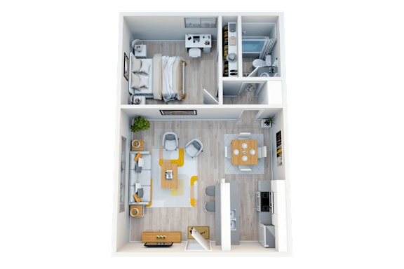 A top-down view of a well-organized apartment with a kitchen, living room, and bathroom.