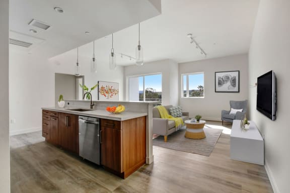 a kitchen and living room in a 555 waverly unit