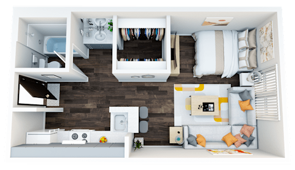 Floor Plan  a 3d rendering of a bedroom and living room with a wood floor