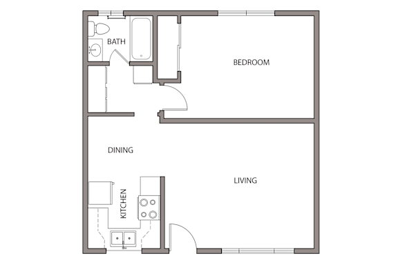 Floor Plan  A floor plan of a living space with a kitchen, dining area, and bedroom.