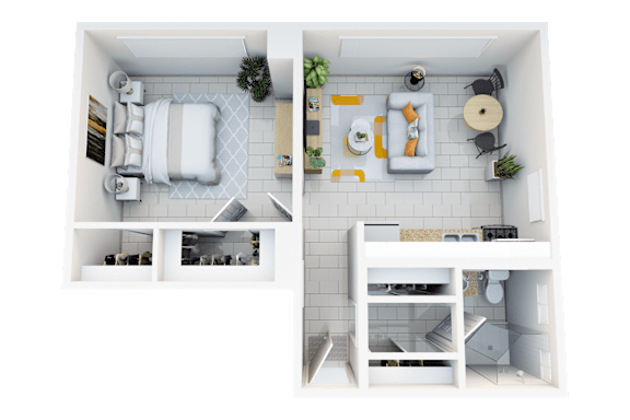 Floor Plan  A top-down view of a small, neatly organized apartment with a bedroom, living room, and kitchen.