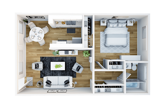 Floor Plan  A top-down view of a small apartment with a living room, kitchen, and bedroom.