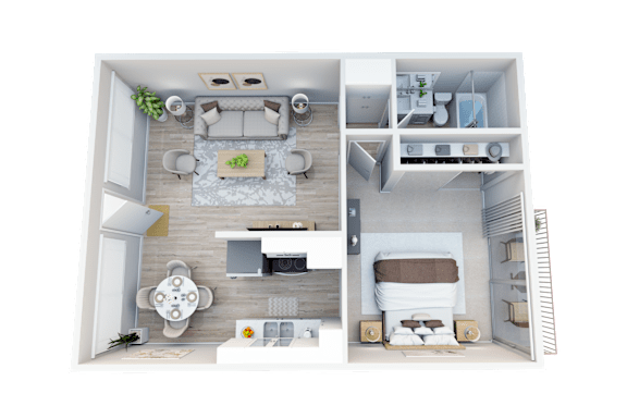 Floor Plan  A 3D rendered image of a modern apartment layout.
