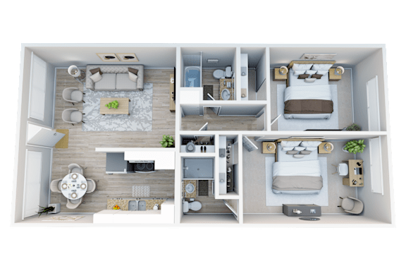 Floor Plan  A 3D floor plan of a small apartment with a living room, kitchen, dining area, and two bedrooms.