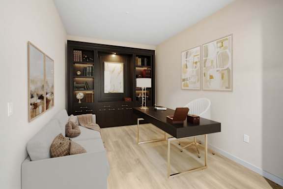 a living room with a couch and a table