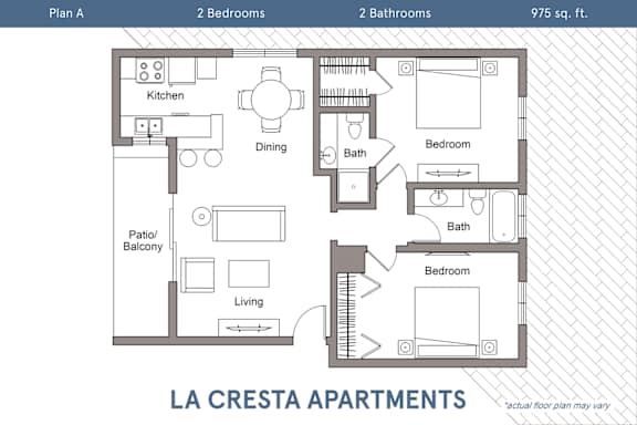 Floor Plan  A floor plan for La Cresta Apartments shows two bedrooms and two bathrooms in a 975 square foot apartment.