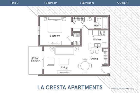 Floor Plan  A floor plan for a 700 sq. ft. apartment with one bedroom and one bathroom.
